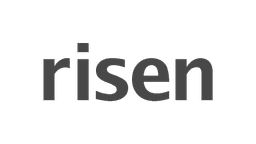 The image displays the word 'risen' in lowercase, rendered in a modern, sans-serif typeface with clean, rounded letterforms, presented in a dark gray color against a solid black background, creating a minimalist and high-contrast visual identity suitable for branding or logo use.