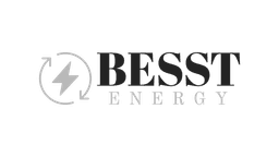 A monochromatic logo featuring the text 'BESST ENERGY' in a bold, uppercase sans-serif font, with 'BESST' prominently displayed above 'ENERGY'. To the left of the text is a circular icon containing a lightning bolt symbol, encircled by two curved arrows forming a loop, suggesting energy flow or sustainability. The entire design is rendered in shades of gray against a solid black background, conveying a modern, clean, and professional aesthetic suitable for an energy-related brand.