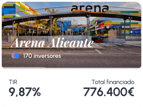 A financial investment card featuring a photo of the colorful, modern architecture of Arena Alicante with its iconic arched entrance and vibrant rainbow-colored facade; overlaid on the image is white cursive text reading 'Arena Alicante' and below it a blue circular icon next to '170 inversores'; beneath the image, on a clean white background, are two bold dark gray financial metrics: 'TIR 9,87%' on the left and 'Total financiado 776.400€' on the right, indicating internal rate of return and total funded amount for this project.